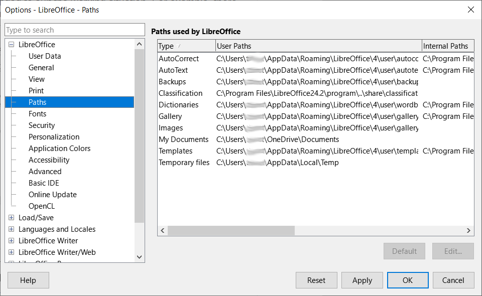 Options LibreOffice dialog — Paths page