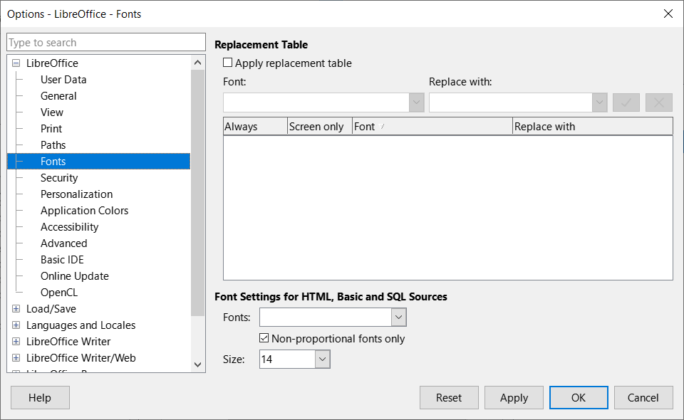 Options LibreOffice dialog — Fonts page