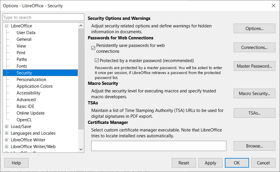 Options LibreOffice dialog — Security page