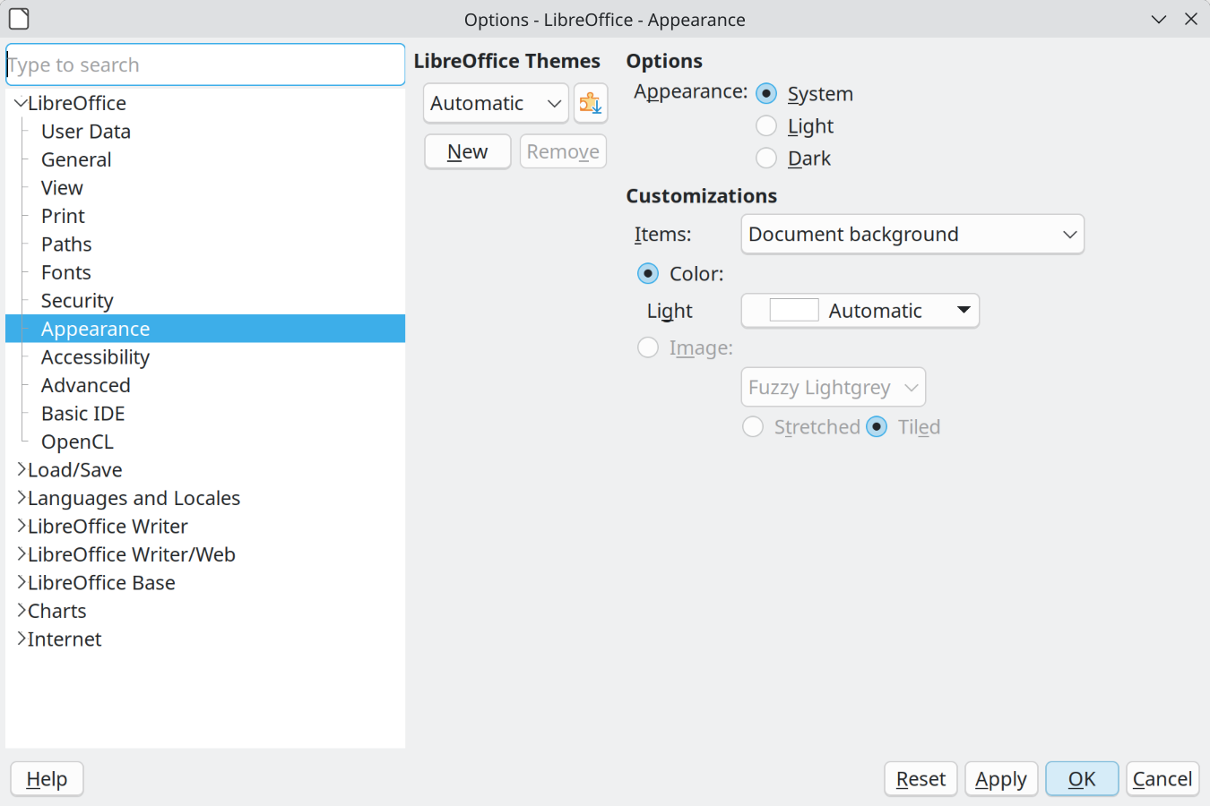 Options LibreOffice dialog - Appearance page