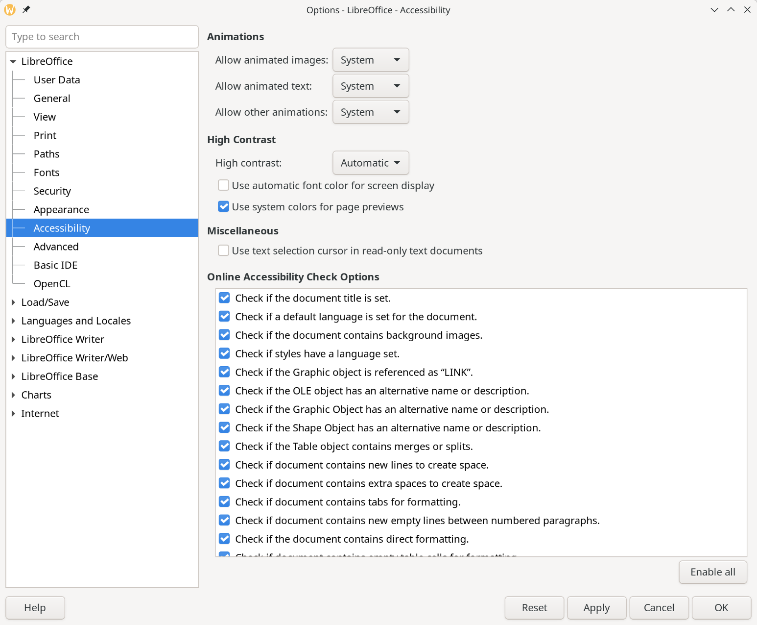 Options LibreOffice dialog — Accessibility page