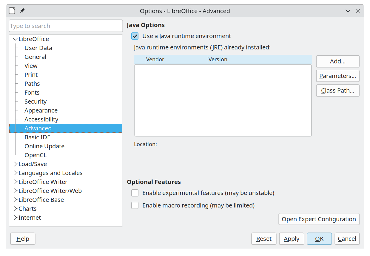 Options – LibreOffice dialog - Advanced page