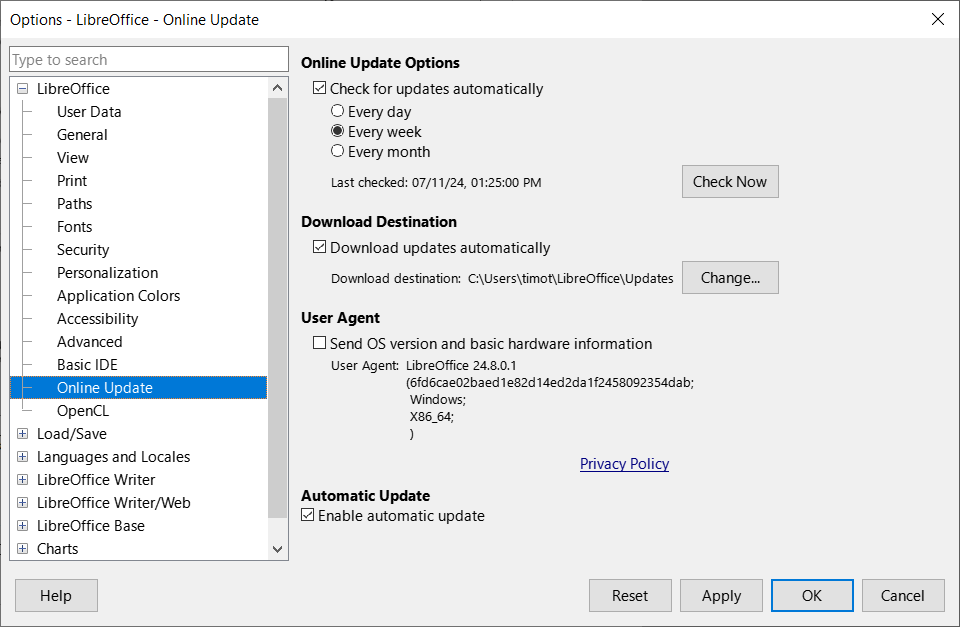Options LibreOffice dialog — Online Update page