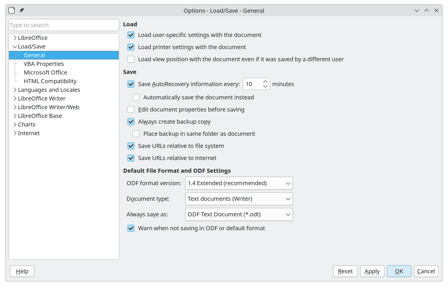 Options Load/Save dialog — General page