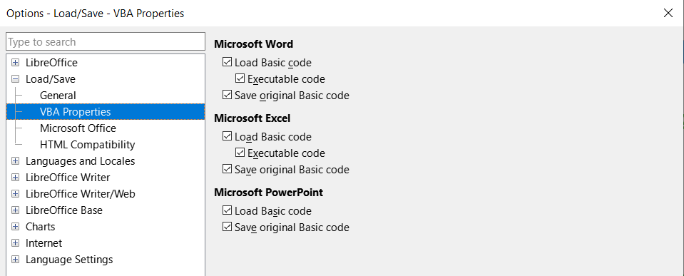 Options Load/Save dialog — VBA Properties page