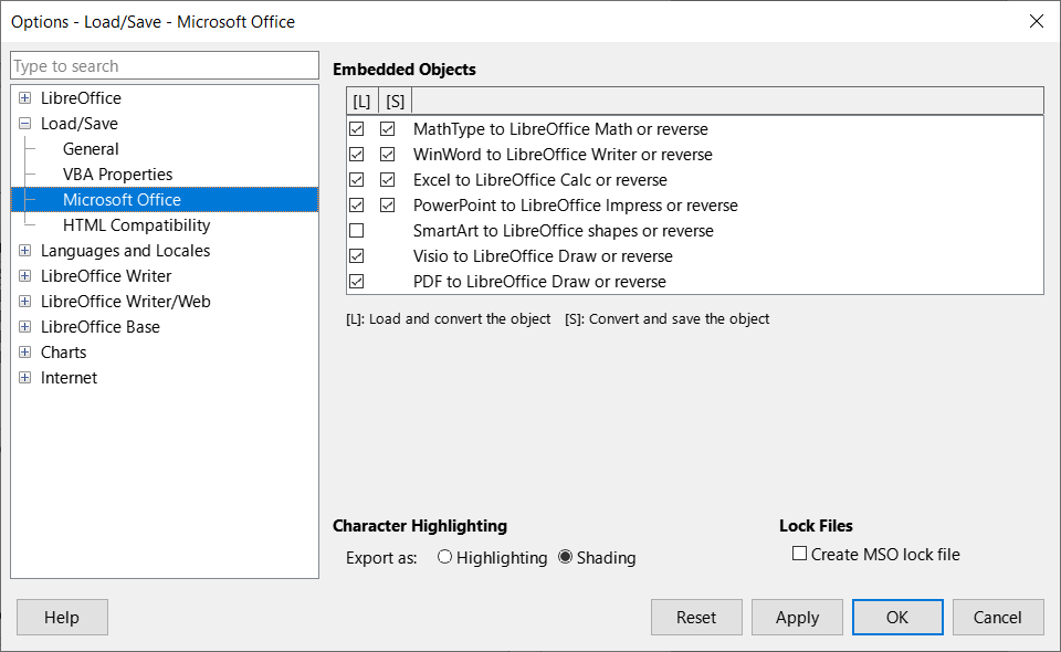Options Load/Save dialog — Microsoft Office page