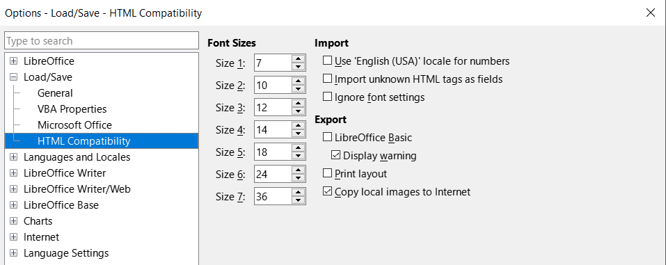 Options Load/Save dialog — HTML Compatibility page