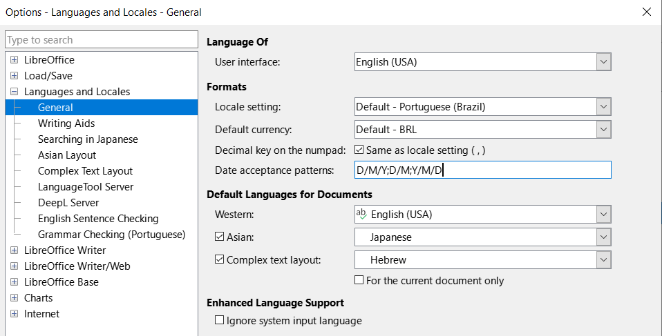 Options - Languages and Locales dialog — Languages page
