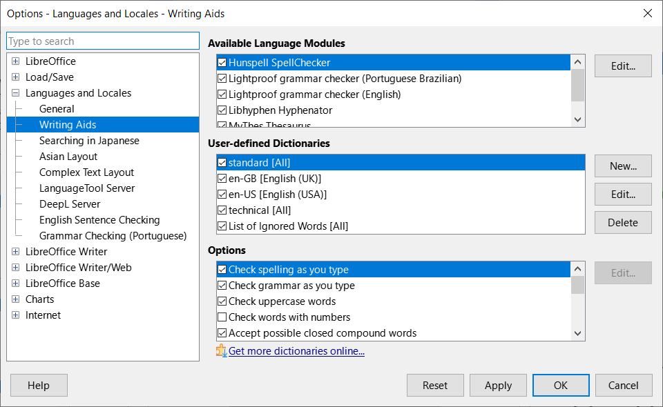 Options Languages and Locales dialog — Writing Aids page