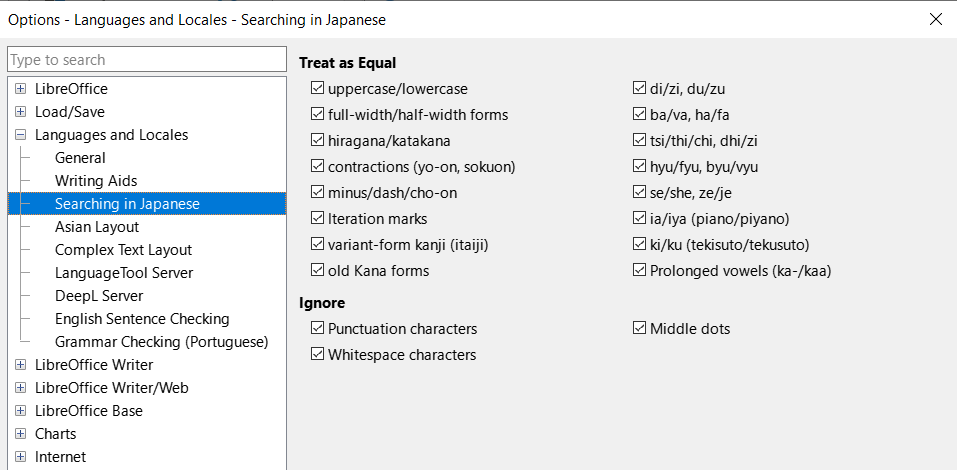 Options Languages and Locales dialog — Searching in Japanese page
