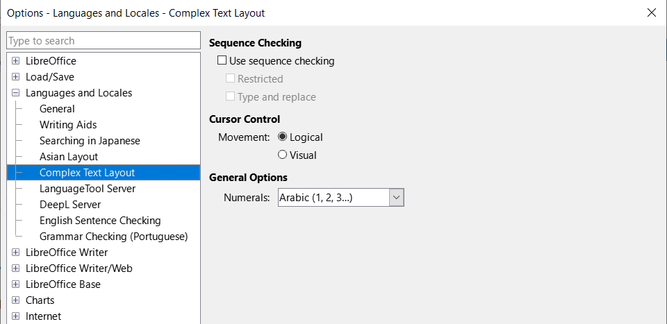 Options Languages and Locales dialog — Complex Text Layout page