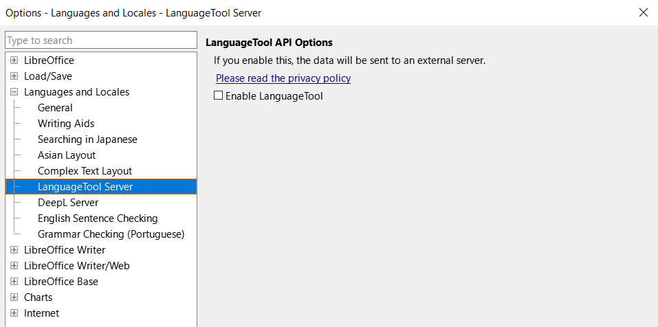 Options Languages and Locales dialog — Language Tool Server page