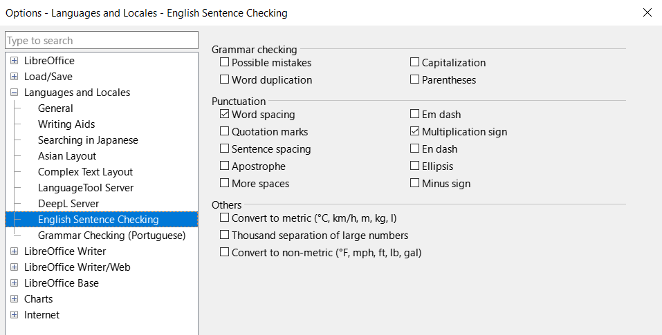 Options Languages and Locales dialog — English Sentence Checking page