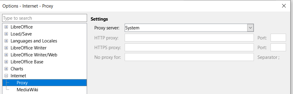 Options Internet dialog — Proxy page