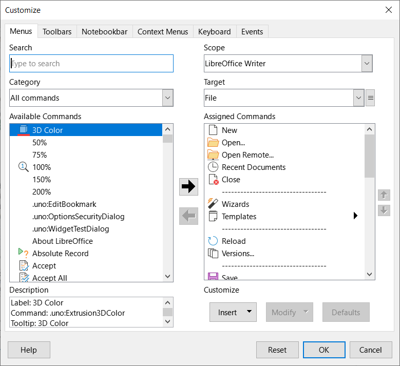 Customize dialog — Menus page