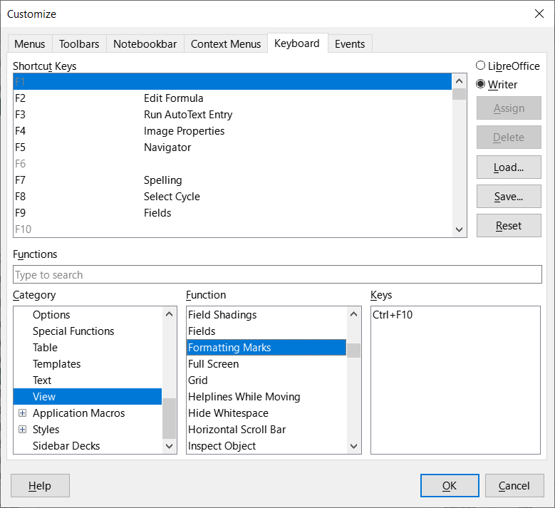 Customize dialog — Keyboard page