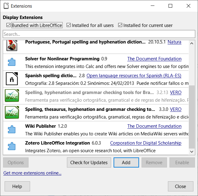 Extensions dialog
