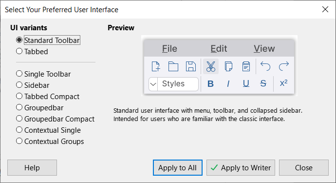 Select Your Preferred User Interface dialog