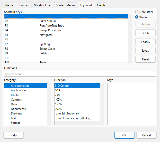 Customize dialog — Keyboard tab for Linux/Windows