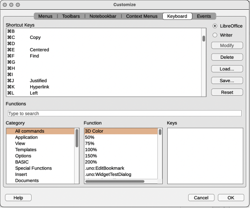 Customize dialog — Keyboard tab for macOS