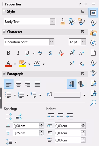 Example of Properties deck in Writer Sidebar