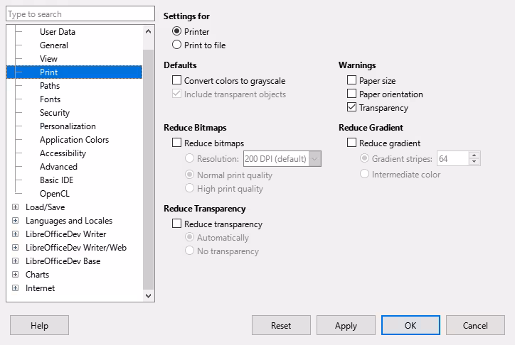 Options LibreOffice Print dialog
