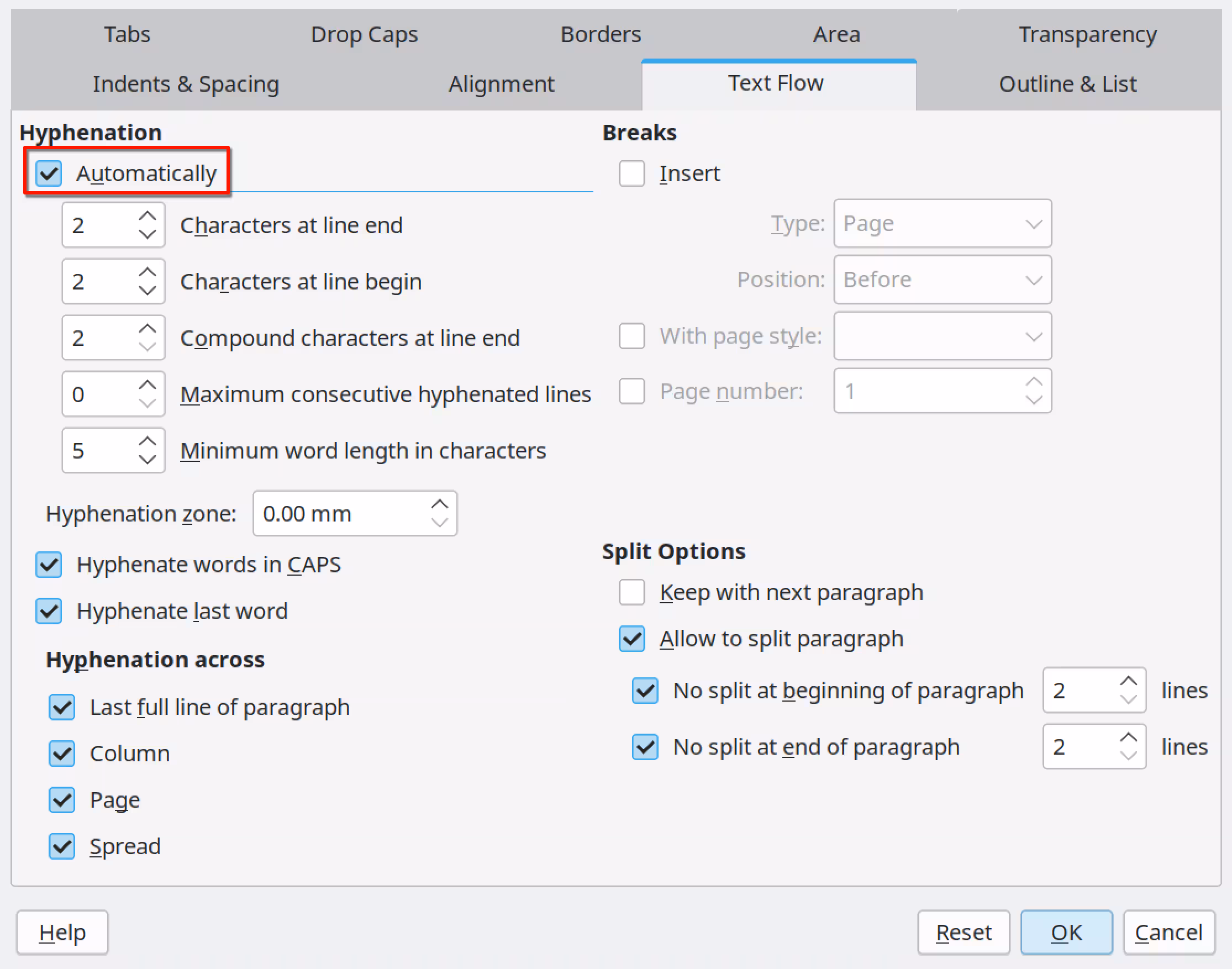 Turning on automatic hyphenation in a paragraph style