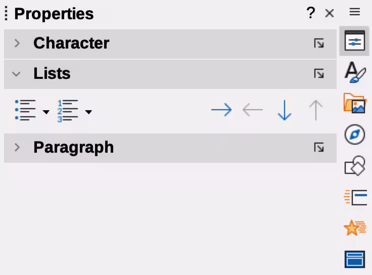 Lists panel in Properties deck on Sidebar