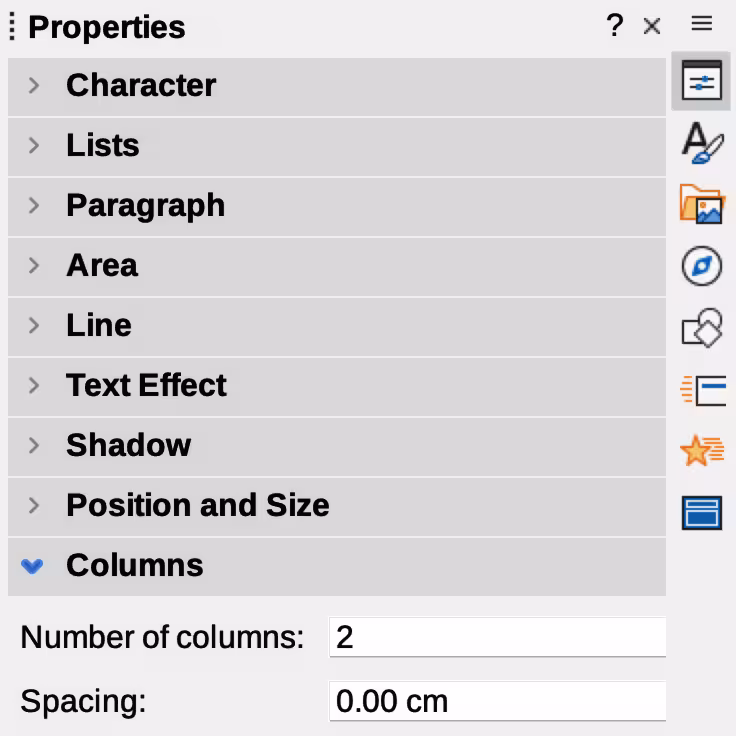 Columns panel in Properties deck on Sidebar