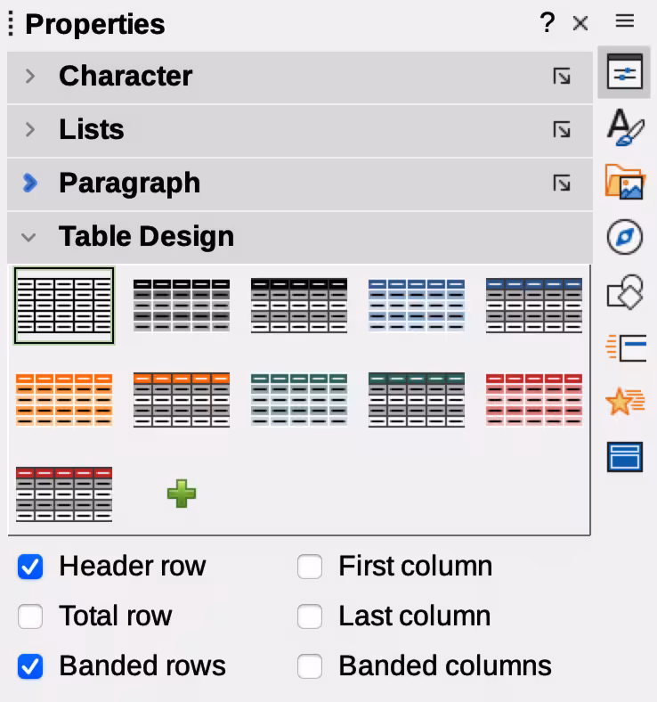 Table Design panel in Properties deck on Sidebar