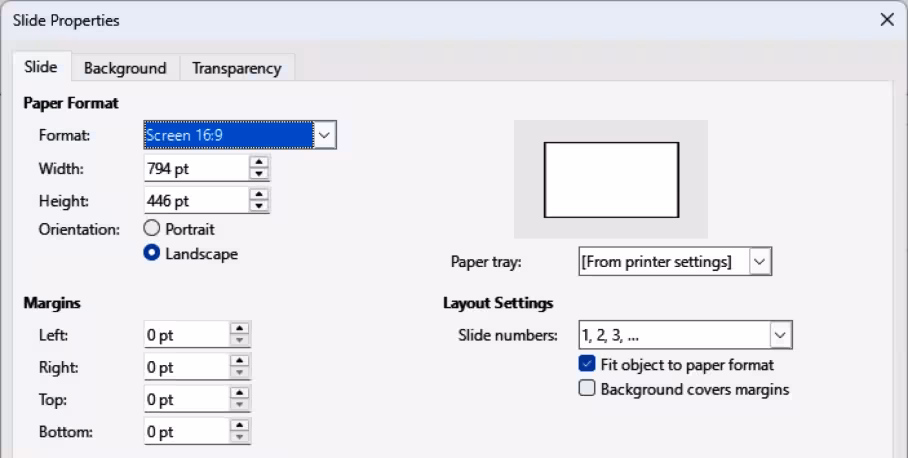 Slide Properties dialog
