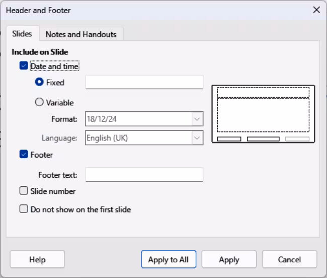 Header and Footer dialog — Slides page