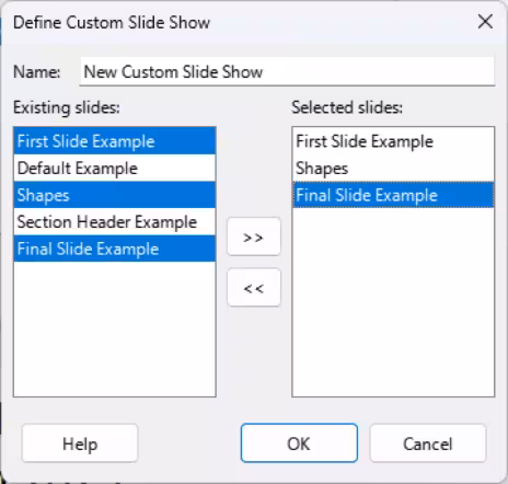 Define Custom Slide Show dialog