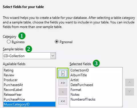 Selecting fields from the Personal category