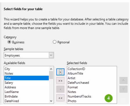 Selecting fields for the table