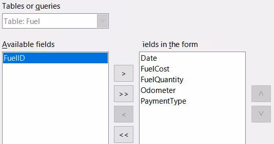 Selecting fields for a subform