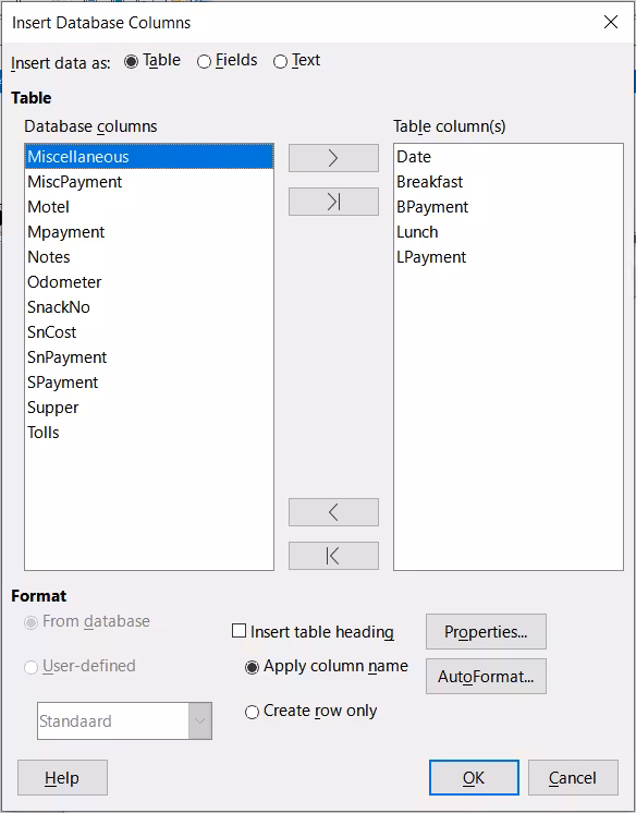 Insert Database Columns dialog