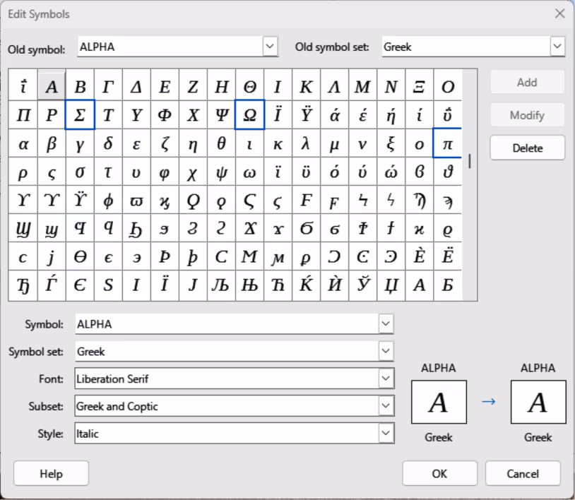 Edit Symbols dialog