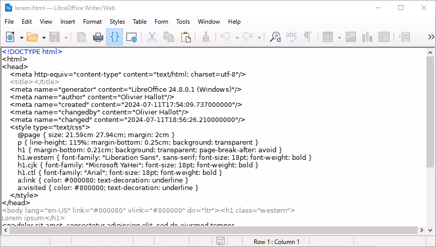 Example of HTML Source view in Writer/Web