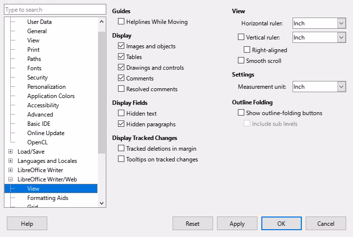 Options LibreOffice Writer/Web dialog