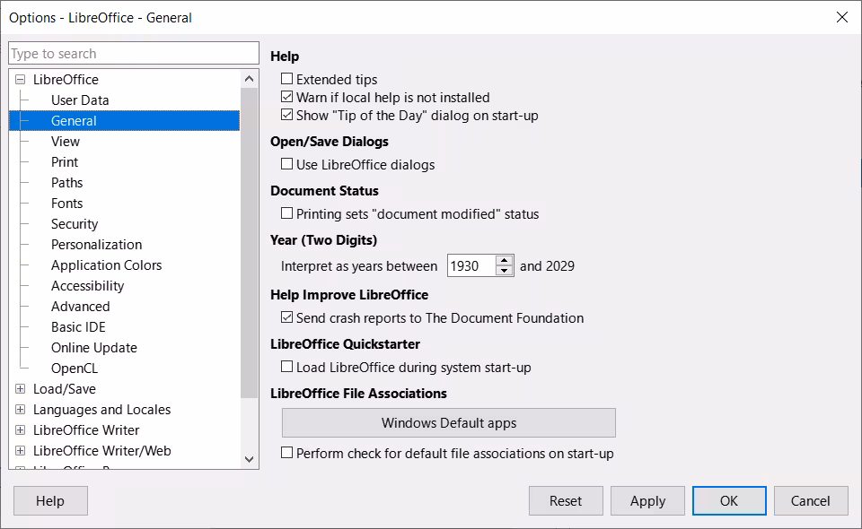 Options LibreOffice dialog — General page