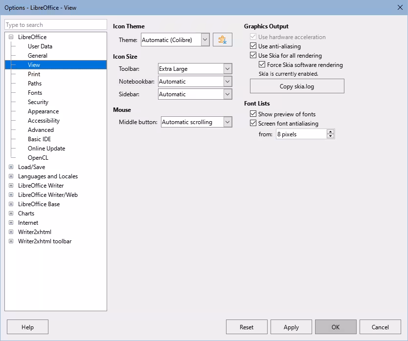 Options LibreOffice dialog — View page
