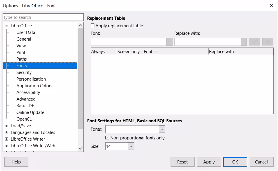Options LibreOffice dialog — Fonts page