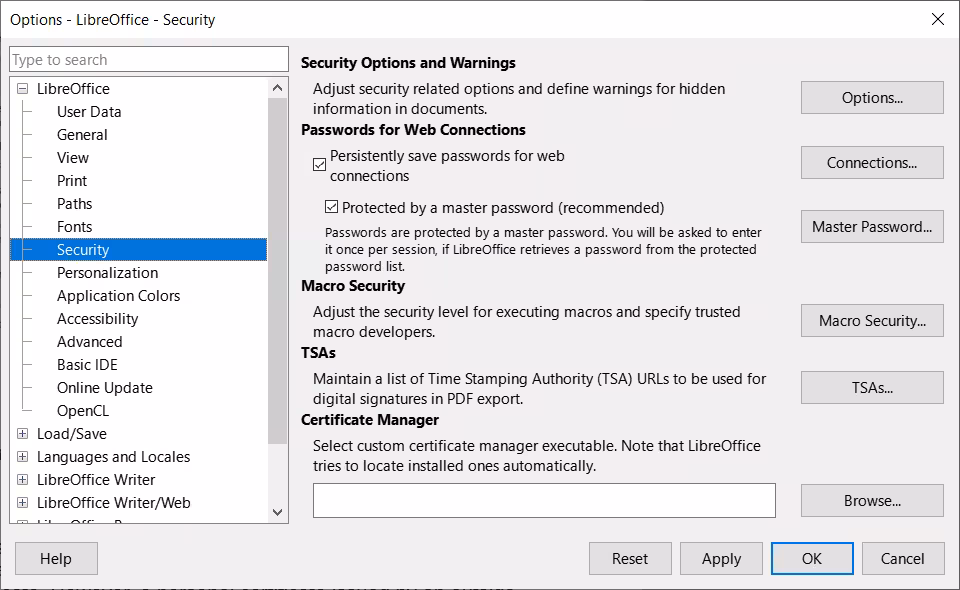 Options LibreOffice dialog — Security page