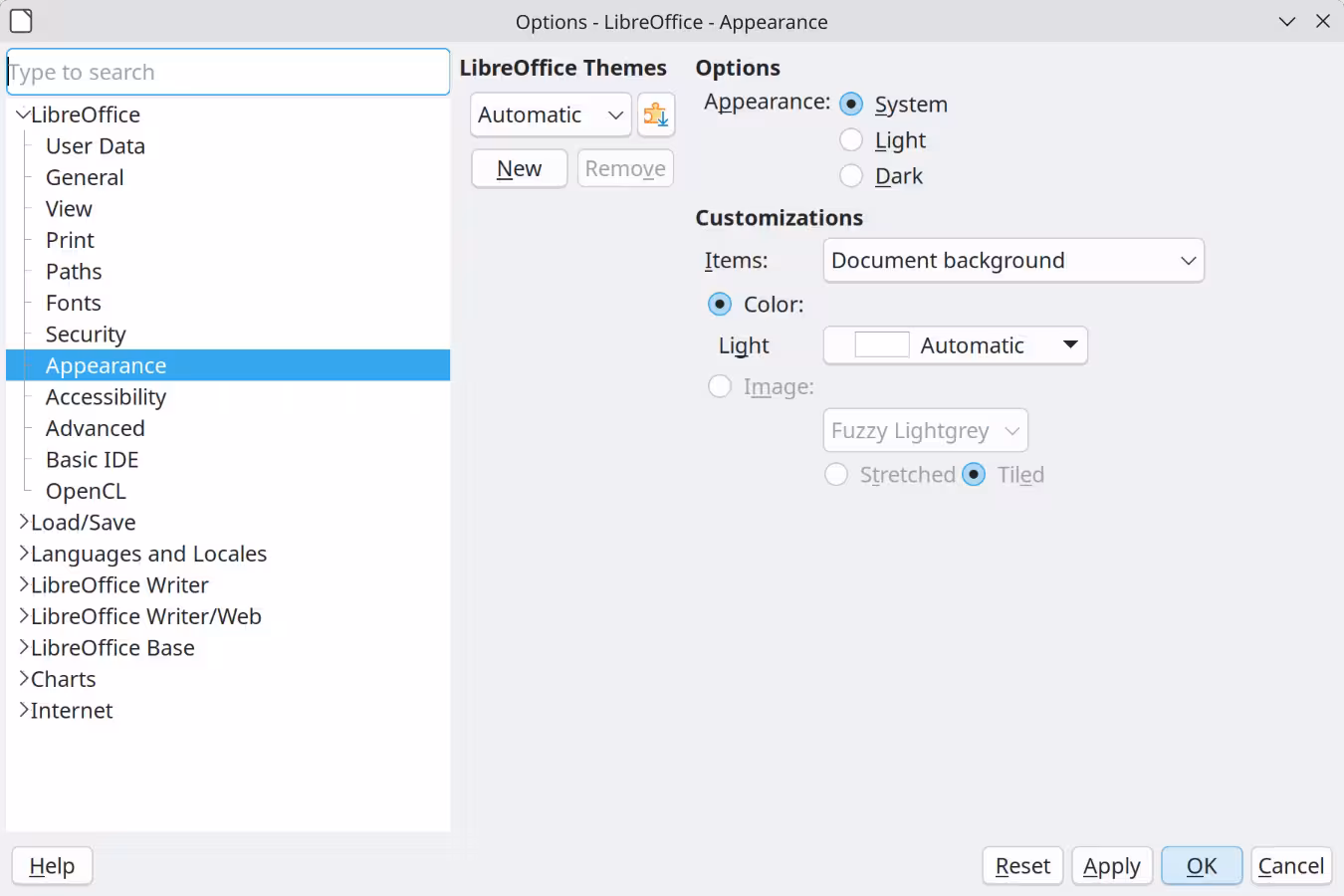 Options LibreOffice dialog - Appearance page