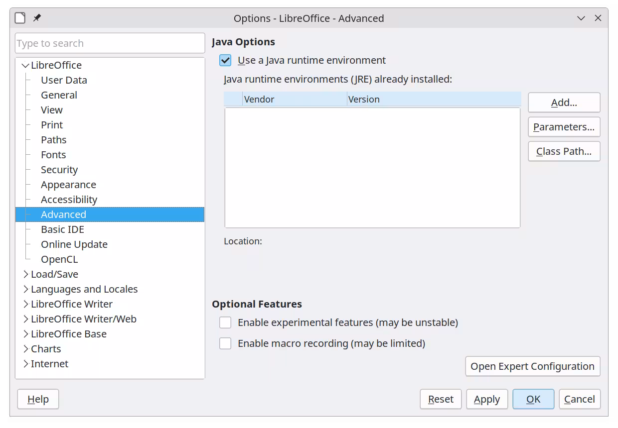 Options – LibreOffice dialog - Advanced page