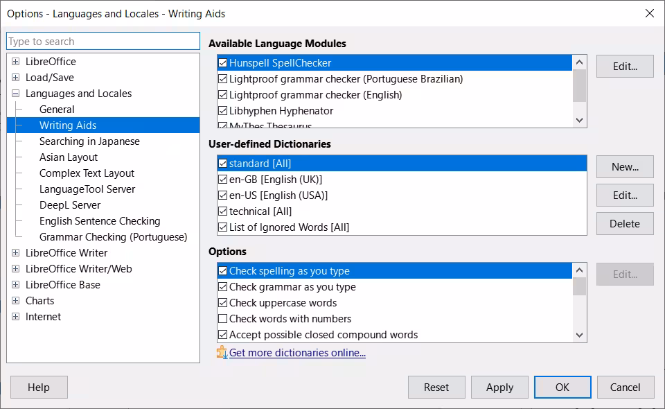 Options Languages and Locales dialog — Writing Aids page