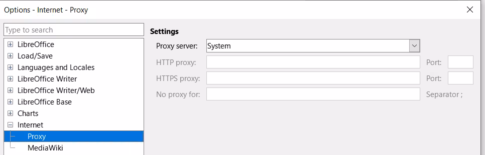 Options Internet dialog — Proxy page