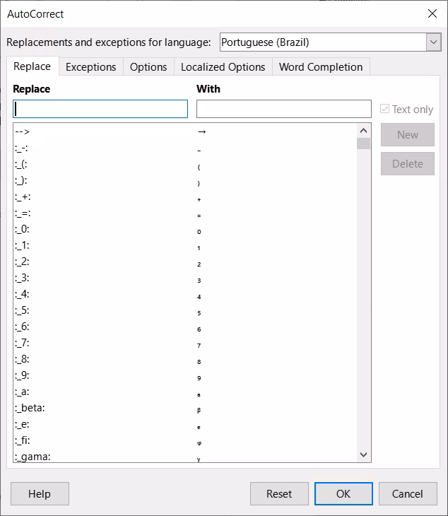 AutoCorrect dialog
