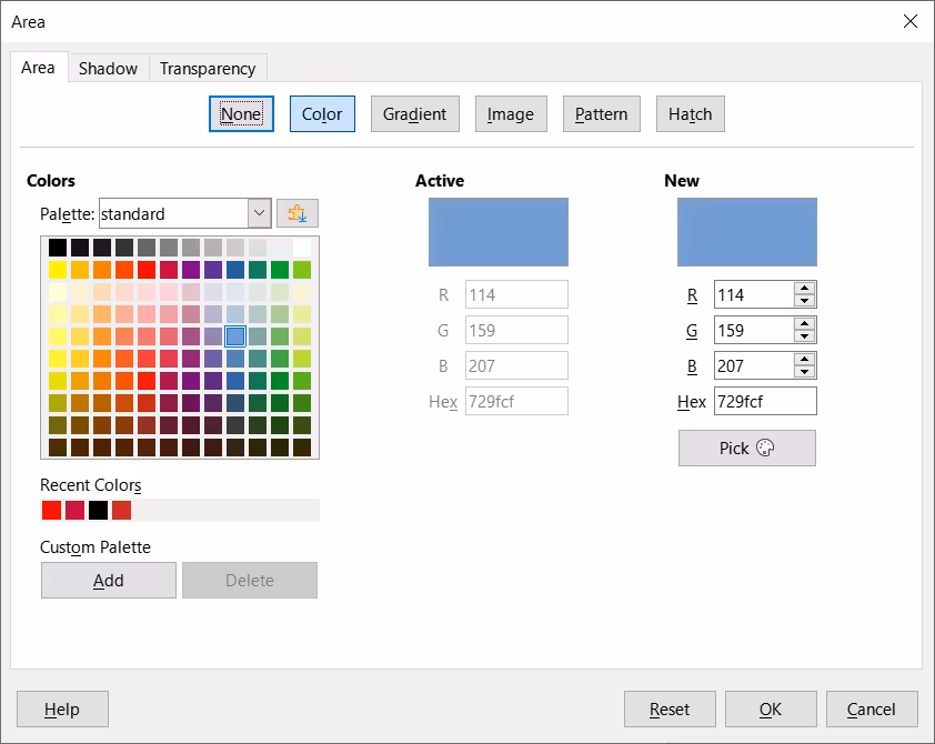 Area dialog — Color tab